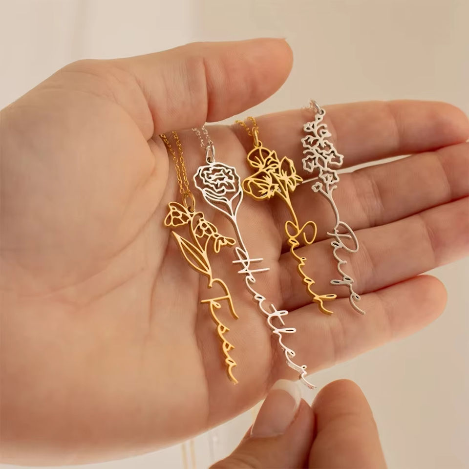 Custom 316 Stainless Steel Flower Pendant 14K Gold Plated Personalized Name Women's Necklace