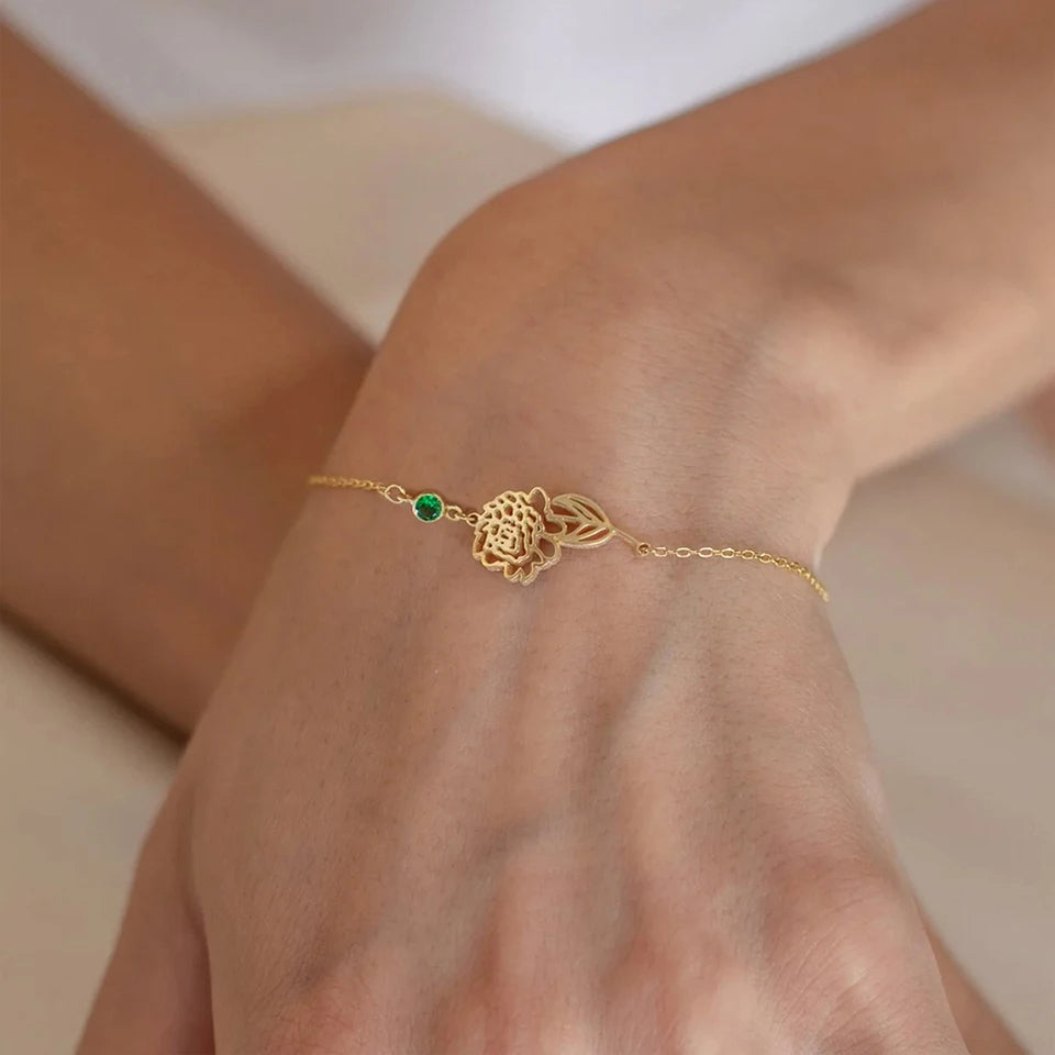 Custom Birth Flower Charm Bracelet for Women Stainless Steel Birthstone Pendant Gift