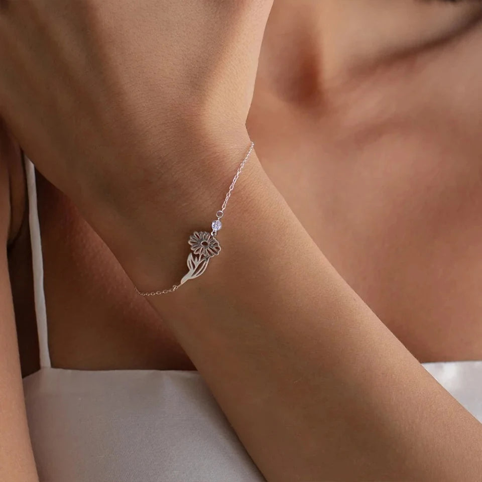 Custom Birth Flower Charm Bracelet for Women Stainless Steel Birthstone Pendant Gift