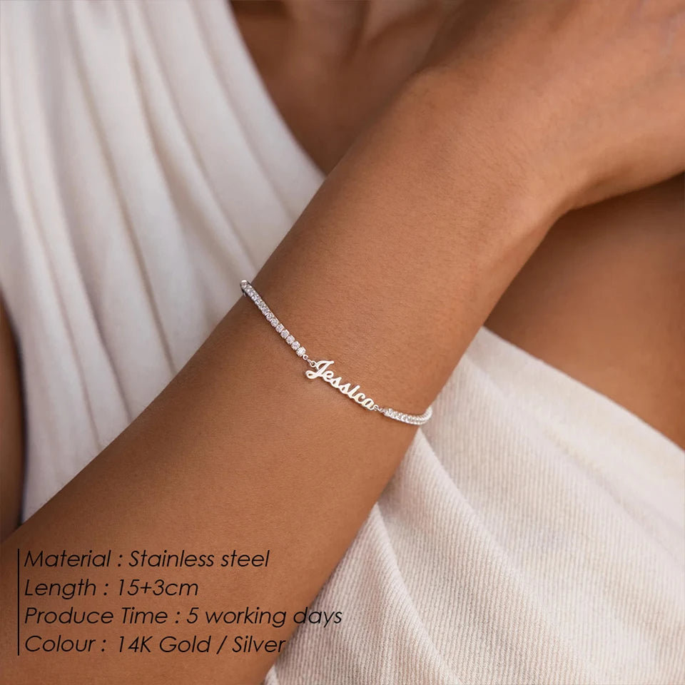 Customized Name Bracelet Tennis Bracelet 316 Stainless Steel Personalized Letter White Cubic Zircon Bracelet Jewelry