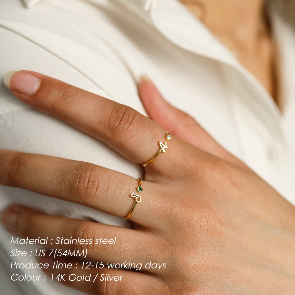 Unisex Custom Initial Ring Personalised Open Gold Stainless Steel Ring with Birthstone for Engagement Party Anniversary