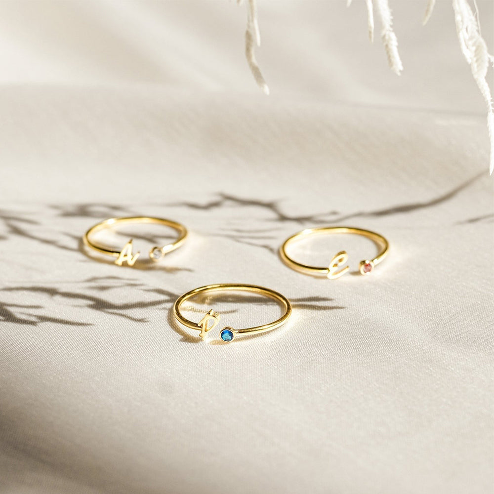 Unisex Custom Initial Ring Personalised Open Gold Stainless Steel Ring with Birthstone for Engagement Party Anniversary
