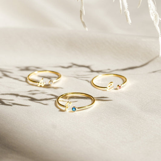Unisex Custom Initial Ring Personalised Open Gold Stainless Steel Ring with Birthstone for Engagement Party Anniversary