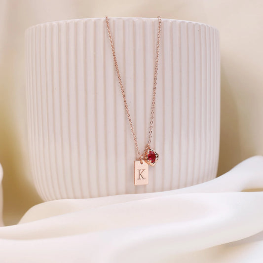 Initial Tag Necklace with Birthstone, Custom Engraved Letter Pendant Necklace, Dainty Tag Charm Necklace,Birthday Gifts, Bridesmaid Gift
