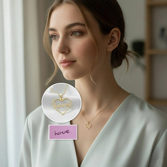 Personalized Dainty Handwriting Heart Necklace – Custom One Word Pendant in Gold, Silver, or Rose Gold Minimalist Jewelry Gift