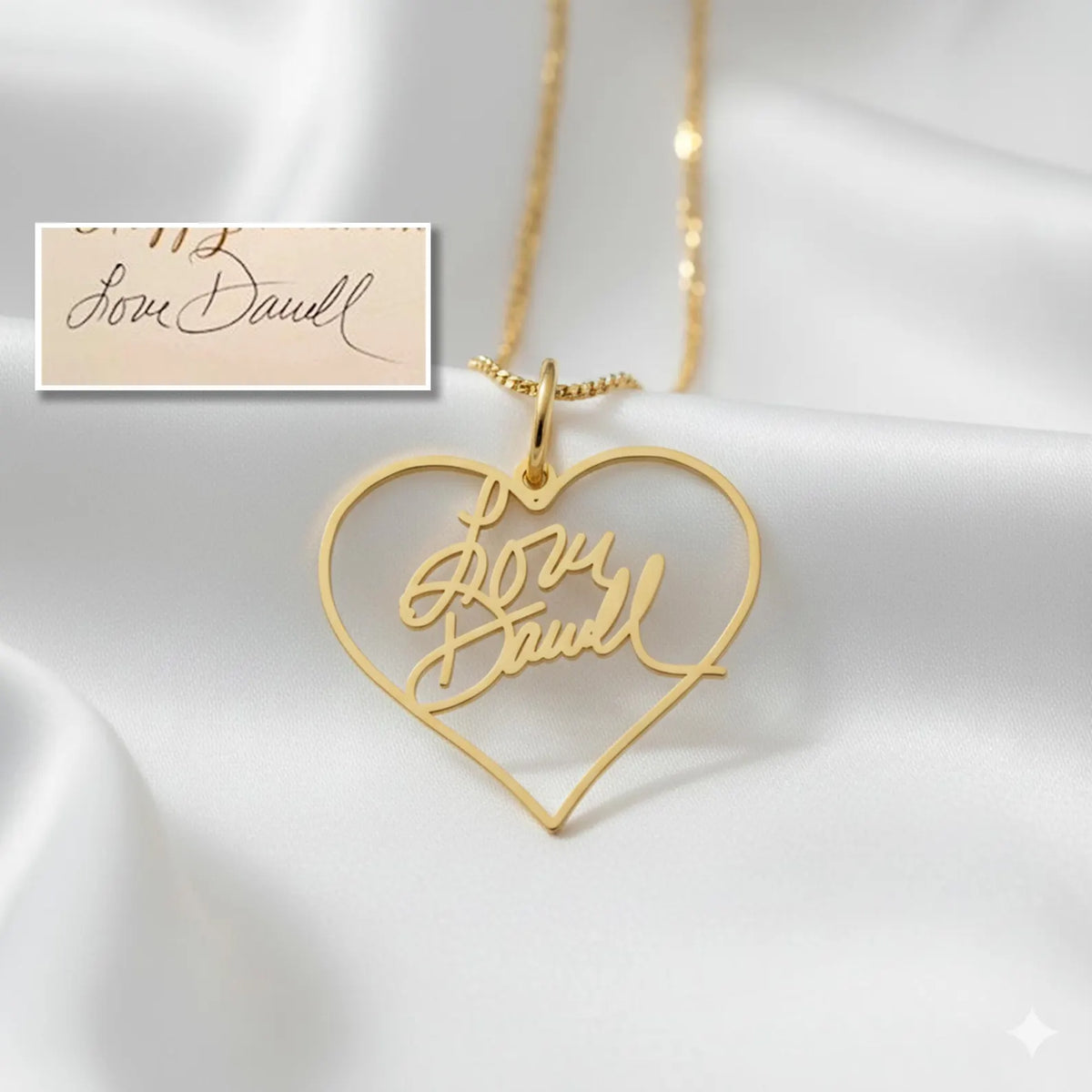 Personalized Dainty Handwriting Heart Necklace – Custom One Word Pendant in Gold, Silver, or Rose Gold Minimalist Jewelry Gift