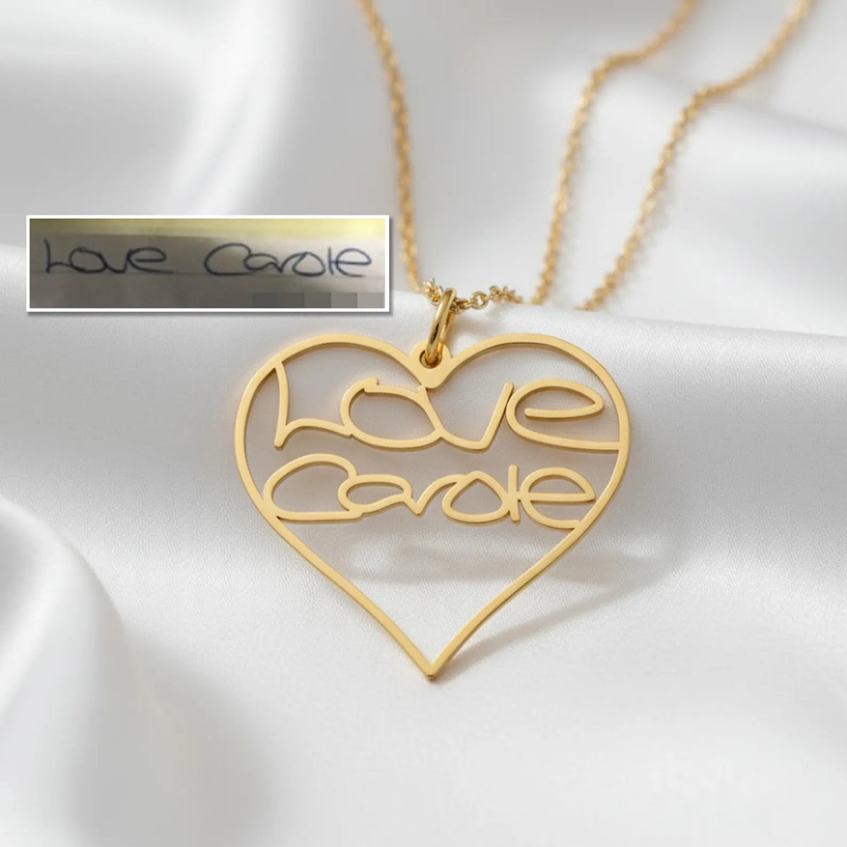 Personalized Dainty Handwriting Heart Necklace – Custom One Word Pendant in Gold, Silver, or Rose Gold Minimalist Jewelry Gift