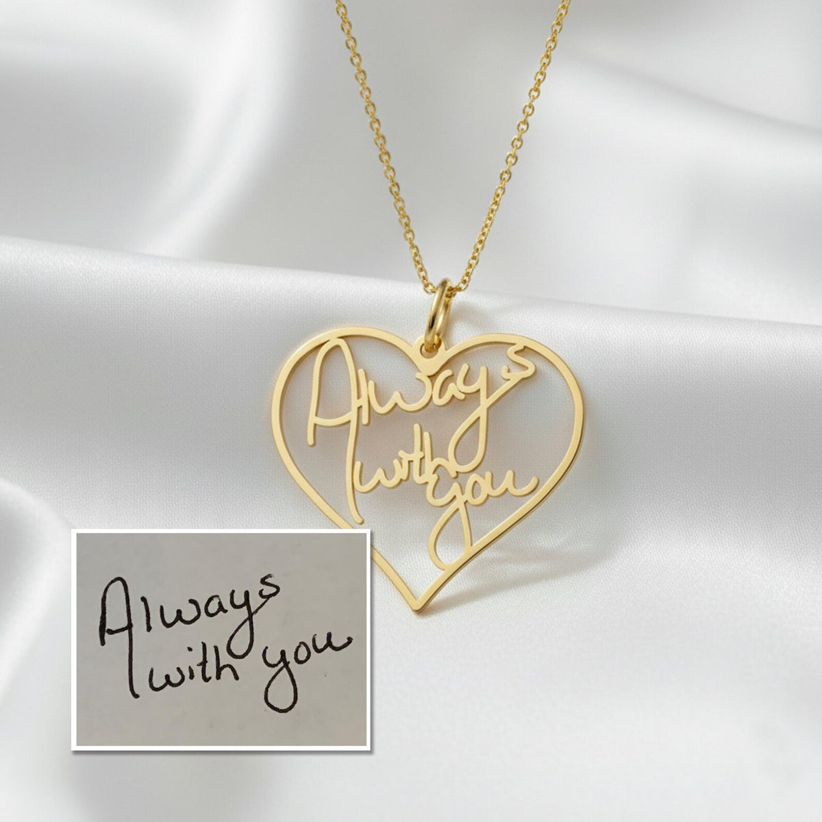 Personalized Dainty Handwriting Heart Necklace – Custom One Word Pendant in Gold, Silver, or Rose Gold Minimalist Jewelry Gift